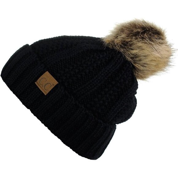 ✨ C.C  Faux Fuzzy Fur Women Black Thick Cable Knit Pom Fleece Cuff Beanie Cap - Picture 2 of 4